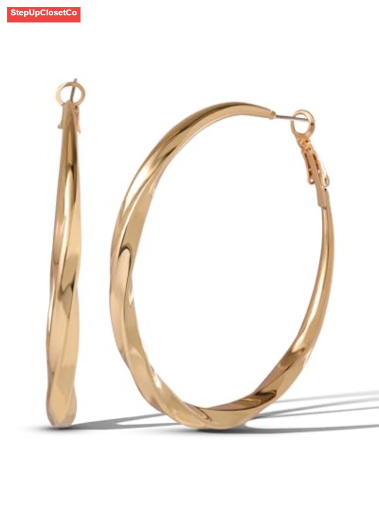 Hoop Earrings For Women Trendy Gold Tone Twisted Design Omega Back